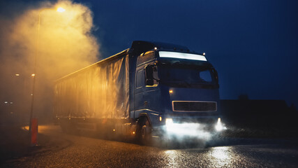 Blue Long Haul Semi-Truck with Cargo Trailer Full of Goods Travels At Night , Turning on Freeway...