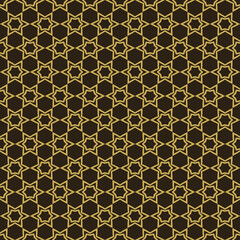 Geometric background, seamless ornate pattern. Gold on black. Wallpaper texture. Vector graphics