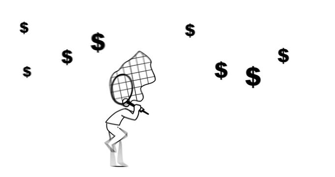 Animation of man catching flying dollar symbol with butterfly net