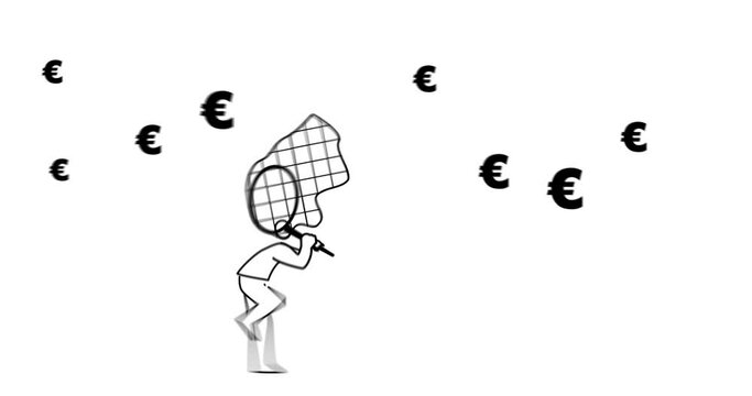 Animation of man catching flying euro symbol with butterfly net