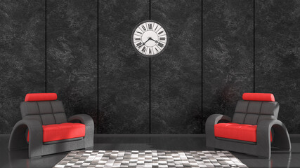 black interior with black and red armchair and clock for mockup, 3d illustration