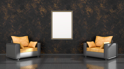 black interior with black and yellow frames and an armchair for mockup