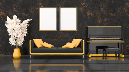 black interior with black and yellow piano, sofa and frame for mockup