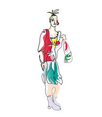 Simple one line drawing of fashionable young woman.
One continuous line drawing of Stylish woman holding handbag.
