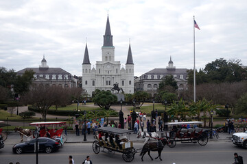 The view of St. Louis Cathedral, crowds on Jackson Square and the traffic during the day