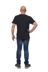 Fototapeta premium rear view of a bald man on white background, hand on hip
