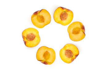 Peaches frame. Top view fresh organic peach fruit on a white background. Flat lay composition.
