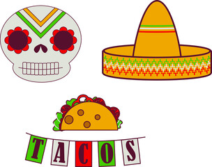 
Mexican food set icons sombrero tacos skull