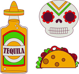 Mexican food set icons sombrero tacos skull