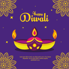 banner of diwali festival holiday and candles in purple background with decoration vector illustration design