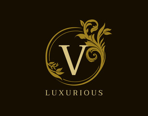 Luxury V Letter Floral Design. Circle Royal V Vintage Logo Icon.