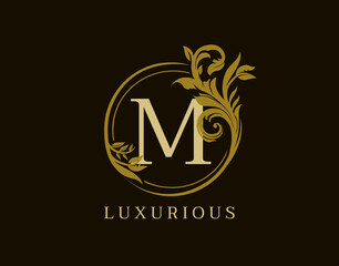 Luxury M Letter Floral Design. Circle Royal M Vintage Logo Icon.
