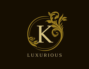 Luxury K Letter Floral Design. Circle Royal K Vintage Logo Icon.
