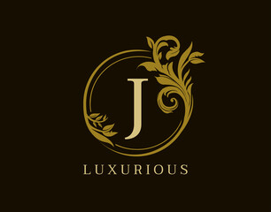 Luxury J Letter Floral Design. Circle Royal J Vintage Logo Icon.
