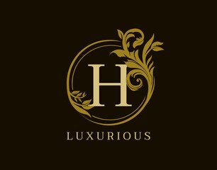 Luxury H Letter Floral Design. Circle Royal H Vintage Logo Icon.