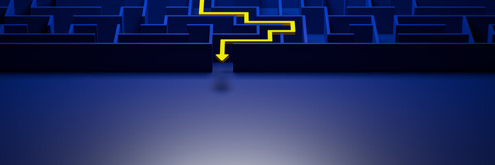 3d rendering: Concept - solving a complex problem. Blue maze and floor with yellow solution path with arrow. Banner size.
