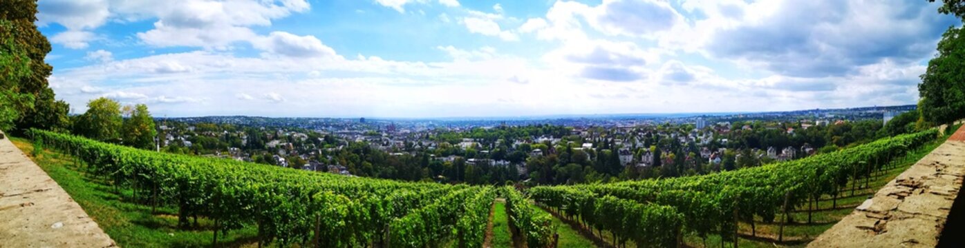Wide panorama view of the city of Wiesbaden in Hessen, Germany.