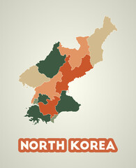 North Korea poster in retro style. Map of the country with regions in autumn color palette. Shape of North Korea with country name. Powerful vector illustration.