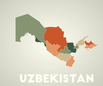 Uzbekistan poster in retro style. Map of the country with regions in autumn color palette. Shape of Uzbekistan with country name. Authentic vector illustration.