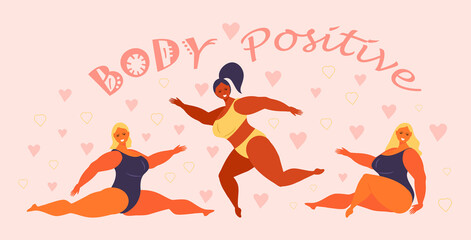 Body positive concept vector. Happy plus size girl wearing swimsuit and smiling. Active healthy lifestyle and love your body illustration. Different races and colour skin women