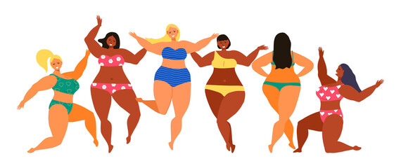 Body positive concept vector. Happy plus size girl wearing swimsuit and smiling. Active healthy lifestyle and love your body illustration. Different races and colour skin women