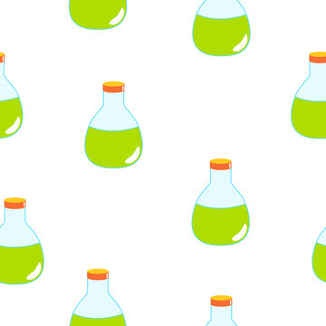 Seamless pattern with green magic potion bottles on white background. Cartoon style. Fairy tale drink. Pharmacy and chemistry. Cosmetics and skin care. Medicine and health care. For packaging design