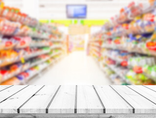 Wood table or wood floor with supermarket blur background for Product display