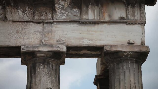 Ancient Greek monument with columns extreme close up