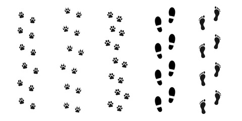 Human and animal trace. Vector collection. Boots trail. Cat and Dog trace. Footprint. Wild nature and pets. Zoology icons.