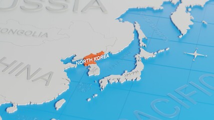Fototapeta premium North Korea highlighted on a white simplified 3D world map. Digital 3D render.