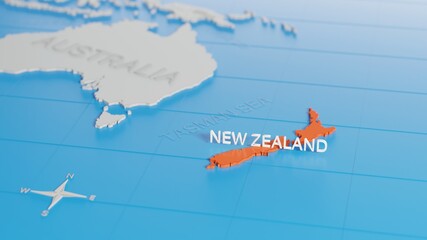 New Zealand highlighted on a white simplified 3D world map. Digital 3D render.