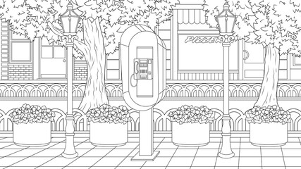 Vector illustration, payphone in a city park on a wide street