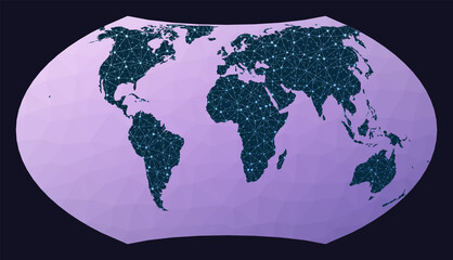 Illustration of global network. Wagner VII projection. World network map. Wired globe in Wagner 7 projection on geometric low poly background. Creative vector illustration.