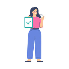 Smiling woman holds a list with a green checkmark and shows a hand gesture ok. Young female character approves and supports something. Vector illustration on white