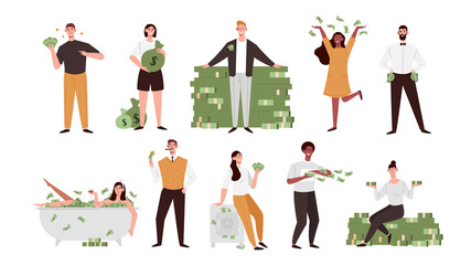 Set of 10 different diverse rich people showing assorted activities with cash money as they flaunt their wealth, colored vector illustration