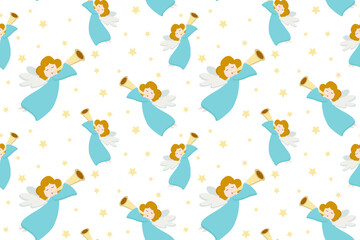 Vector seamless pattern with flying angels in blue clothes and golden hair with a pipe on a white background. Design for postcard, poster, wrapping paper, gift