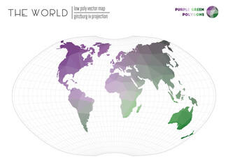 World map in polygonal style. Ginzburg IV projection of the world. Purple Green colored polygons. Energetic vector illustration.
