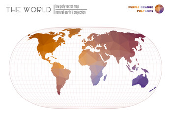 Polygonal world map. Natural Earth II projection of the world. Purple Orange colored polygons. Elegant vector illustration.