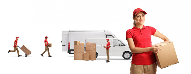 Female courier holding a cardboard box and male workers loading transport vans