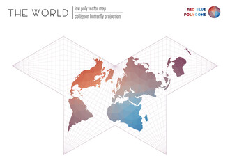 Polygonal map of the world. Collignon butterfly projection of the world. Red Blue colored polygons. Stylish vector illustration.