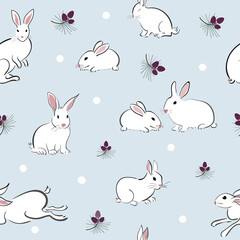Seamless pattern with cute rabbit in oriental style with a pine cone on a blue background. Winter scene with hare and snow.