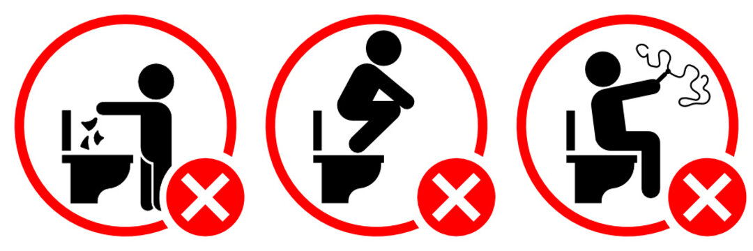 Warning toilet vector sign set isolated on white background, do not step on the seat, litter in toilet and write on wall of the toilet