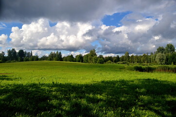 Fototapeta na wymiar Black storm clouds during summer, Landscape with trees and meadows in the foreground in Latvia. Low clouds