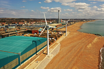 Looking from Southwick beach with Wind Turbines and Shoreham Power Station in view and Brighton in the distance.