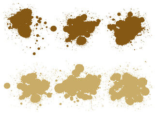 Vector collection of artistic grungy paint drop, hand made creative splash or splatter stroke set isolated white background. Abstract grunge dirty coffee stain group or graphic art vintage decoration