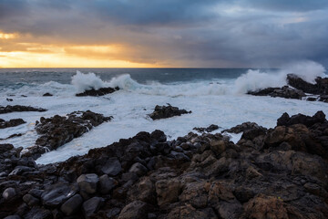 A powerful storm in the Atlantic Ocean in a bay on the coast of Tenerife.