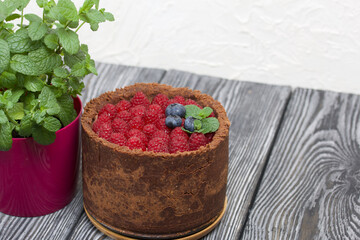 No-bake chocolate cake with cream cheese. Garnished with raspberries, blueberries and mint leaves. Nearby is a pot of growing mint. On the surface of pine boards painted in black and white.
