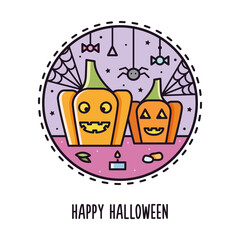 Happy Halloween card. Two pumpkins, spider, web.