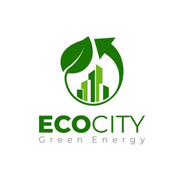 Eco-city logo template. Smart city logotype. Green city logo. Eco building towers with leaf and recycle arrow. Eco energy.