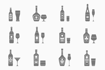 Alcohol drink Icons set - Vector silhouettes of glass, bottle, wine, beer, champagne, whiskey, vodka, cognac and others for the site or interface